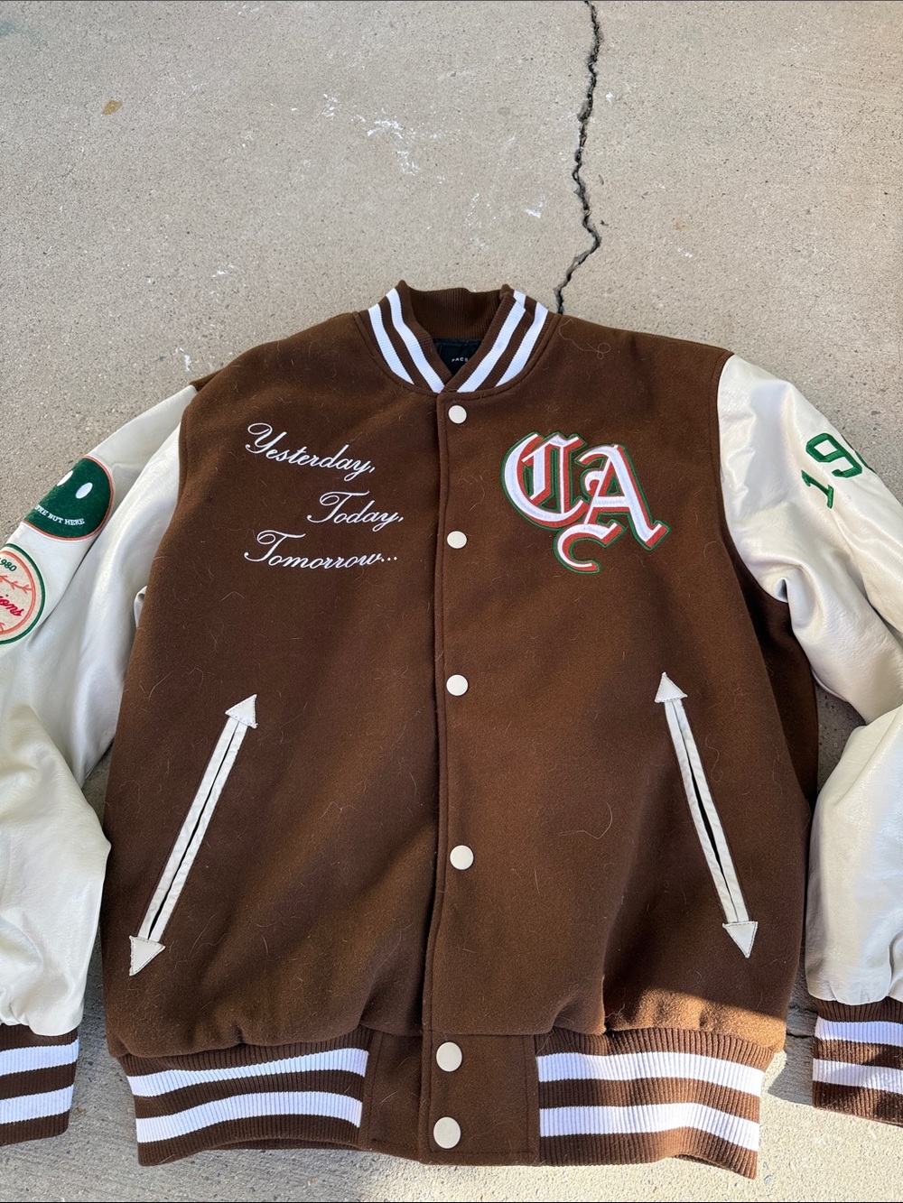 Champion Brown and Cream Varsity Jacket with Green Accents
